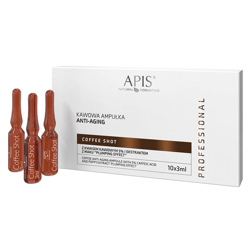 KRÓTKI TERMIN 12.2024 Apis coffee shot kawowa ampułka anti-aging z kwasem kawowym i ekstraktem z maku,,plumping efect" 10x 3,5 ml